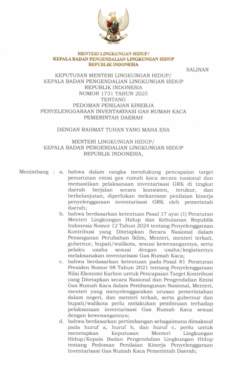 Surat Keputusan Menteri Lingkungan Hidup/BPLH RI Nomor 1731 Tahun 2025 Tentang Pedoman Penilaian Kinerja Penyelenggaraan Inventarisasi GRK Pemerintah Daerah